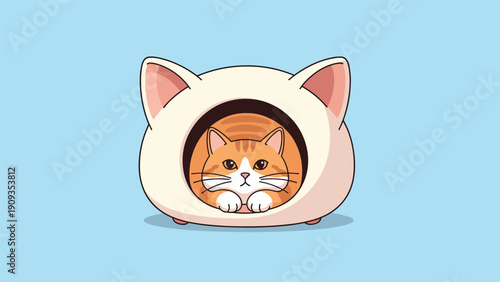 Adorable orange tabby cat peeking out from comfortable cat head shaped pet bed with paws resting on edge against bright blue background.