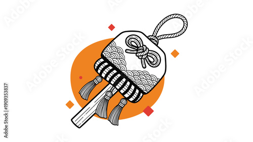 Traditional japanese omamori amulet featuring intricate rope knot and wave patterns on orange circle background for protection and good luck.