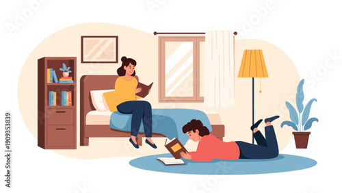 Two young girls enjoying quiet time together while reading books in cozy bedroom with bed, bookshelf, and lamp for education and leisure.