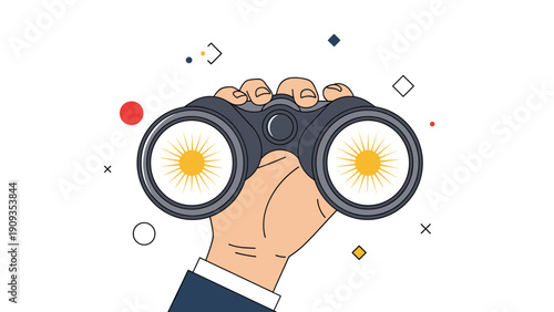 Close up of hand holding black binoculars with golden sun reflection in lenses over white background with geometric shapes for vision and search.