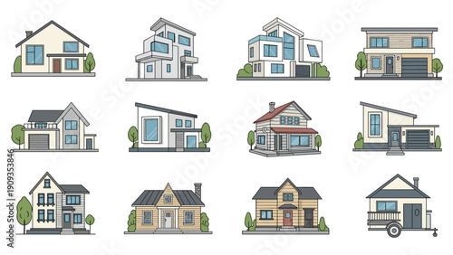 Collection of diverse modern and traditional residential house architecture styles including suburban homes and cabins for real estate market.