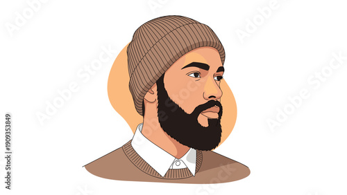 Stylish man with a thick black beard wearing a brown knitted beanie and sweater looks thoughtfully to the side against a white background.