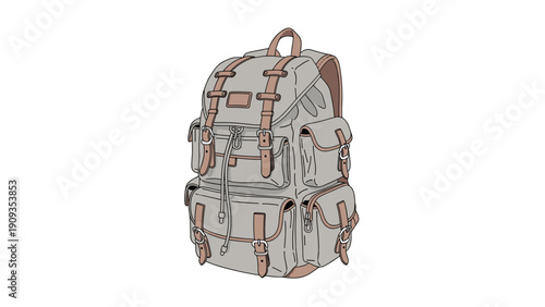 Detailed drawing of a grey canvas hiking backpack with brown leather straps and multiple utility pockets for outdoor adventures.