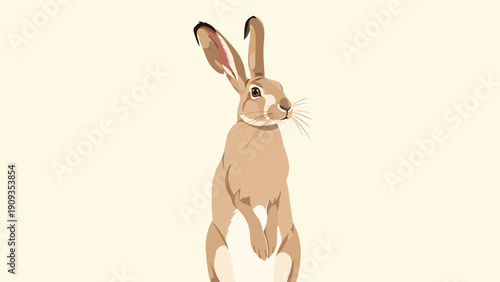 Realistic illustration of a brown hare standing on its hind legs with long ears and whiskers on a soft cream colored background.