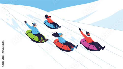 Group of cheerful friends riding colorful inflatable tubes down snowy hill in winter resort for fun outdoor seasonal activity and vacation.