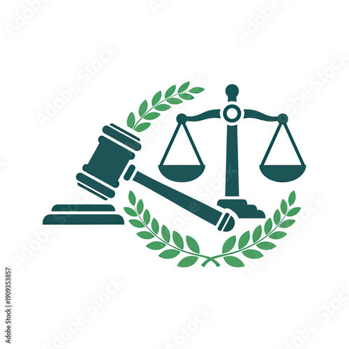 Graphic featuring a gavel, scales of justice, and laurel wreath, in shades of green