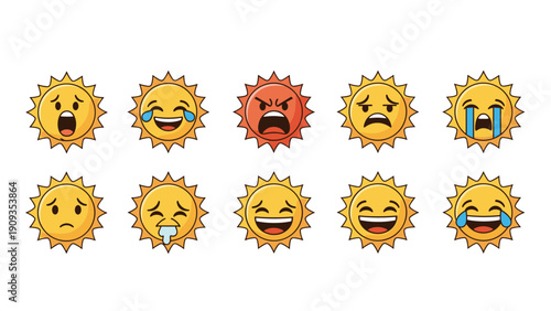 Set of ten sun characters expressing various emotions like anger, sadness, laughter, and surprise in a colorful cartoon style.