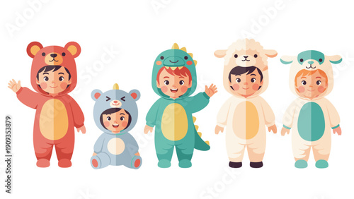 Diverse group of happy children wearing colorful animal costumes including a bear, dinosaur, sheep, and cat waving to the viewer.