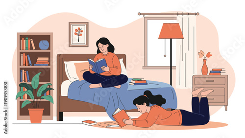 Two young girls enjoying a peaceful time reading books while relaxing in a cozy bedroom with a bookshelf and indoor plants.