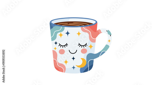 Colorful coffee mug decorated with a smiling face, stars, moon, and abstract patterns filled with hot dark liquid on white.
