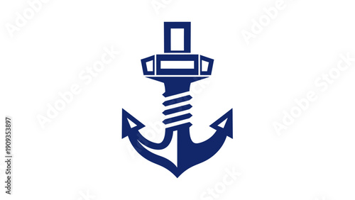 A navy blue anchor graphic featuring a stylized form with a screw-like shaft