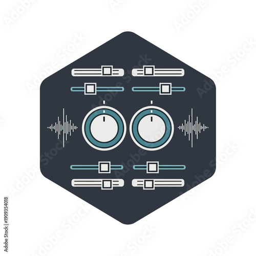 An isolated, geometric icon depicts a soundboard, sliders, dials, and a soundwave outline