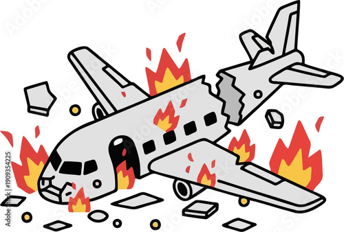 Airplane Crash with Fire Illustration – Broken Passenger Plane Wreckage, Aviation Accident Emergency Cartoon Line Art