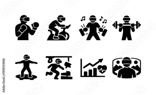 Virtual Fitness Icons. Virtual fitness training. Filled icon set of Virtual fitness training: VR boxing