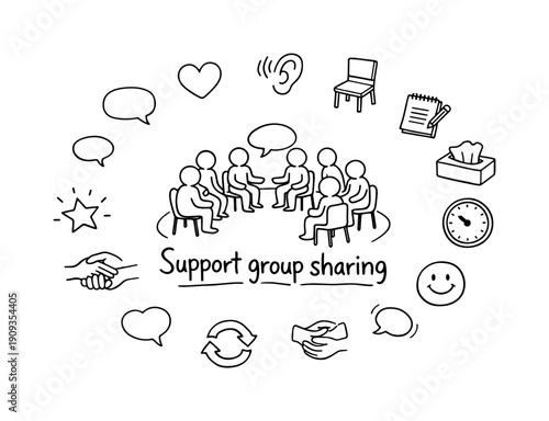 Support group sharing. Hand-drawn doodle illustration of Support group sharing. In the middle, one slightly