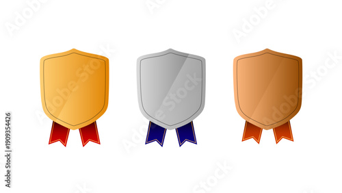 金銀銅のシールドとリボンのフレームデザインセット(ランキング ランク 1位 2位 3位 優勝 リボン ベクター)：金銀銅アイコン10