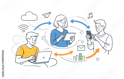 Cross-Device Sync. Data flowing smoothly between multiple devices, sense of connection and harmony. Abstract