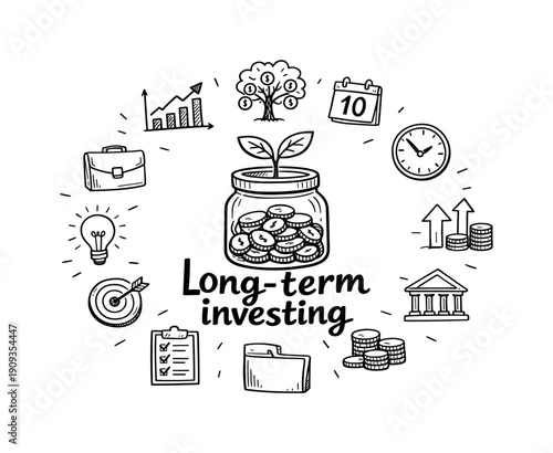 Long-term investing. Hand-drawn doodle illustration of Long-term investing. In the middle, one slightly larger
