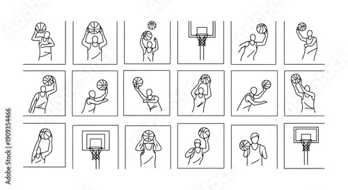 Vector Illustration Basketball Players in Action with Hoops and Balls