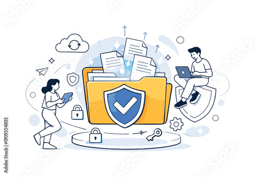 Secure Document Protection. Secure Documents. Folder protected by a shield symbol, files glowing softly as