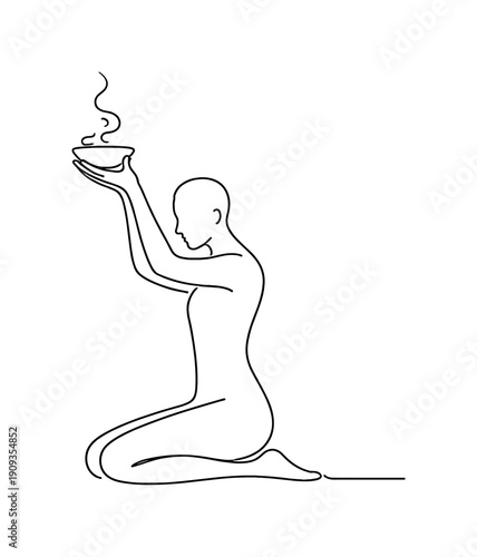 Ceremonial Outline. Minimalistic one-line drawing human form performing a timeless ritual gesture reduced to