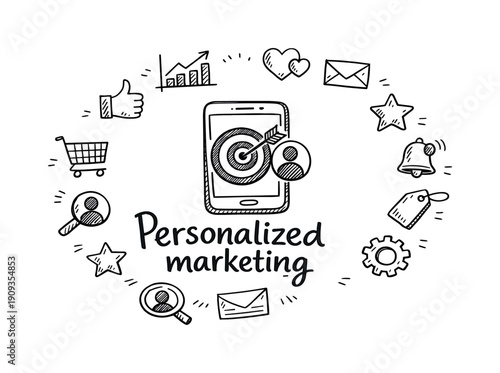 Personalized marketing. Hand-drawn doodle illustration of Personalized marketing. In the middle, one slightly