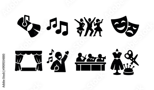 Musical Theater Icons. A musical theater production with actors in vibrant costumes. Filled icon set of A