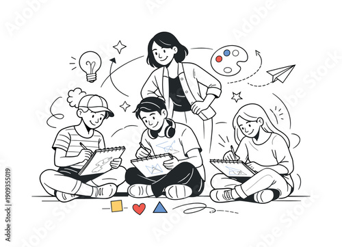 Art education moment. Students seated together drawing while the instructor observes with a supportive smile,