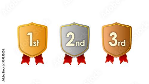 金銀銅のシールドとリボンのフレームデザインセット(ランキング ランク 1位 2位 3位 優勝 リボン ベクター)：金銀銅アイコン03