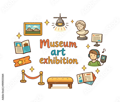 Museum art exhibition. Hand drawn illustration of Museum art exhibition. framed painting, sculpture bust,