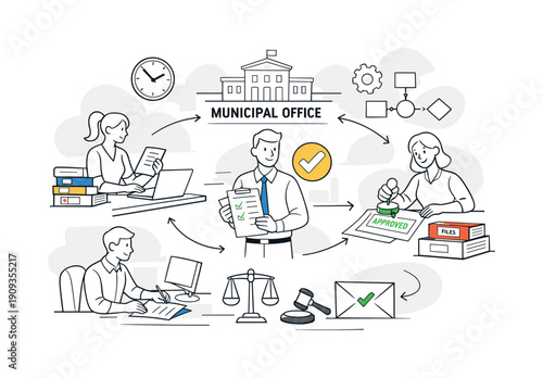 Efficient City Office. Municipal Office. City administration workspace with files, approval stamps, and clear