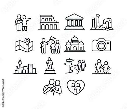 Couples exploring cultural and historical destinations. Line outline icon set of Couples exploring cultural
