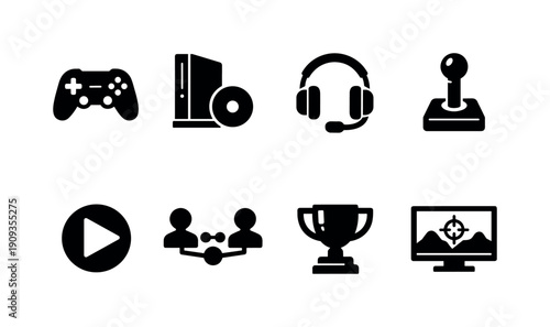 Playing video games. Filled icon set of Playing video games: game controller, gaming console, headset