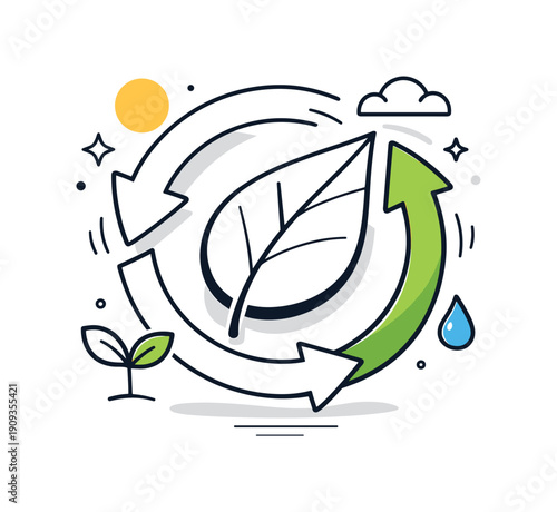 Sustainability Icon. Leaf combined with circular arrows, soft motion suggesting renewal and balance. Feeling