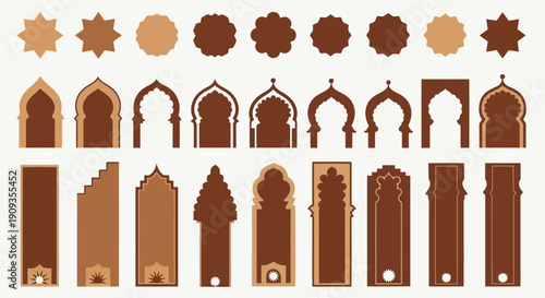 A collection of islamic design elements in various shades of brown and beige.