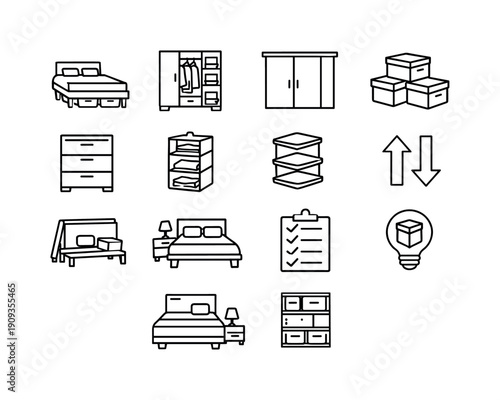 Bedroom storage solutions. Line outline icon set of Bedroom storage solutions: under bed storage, wardrobe