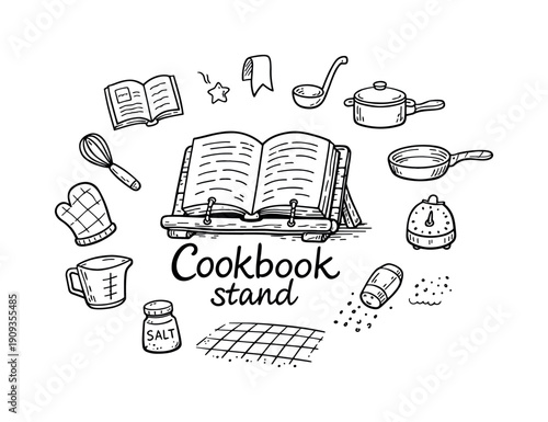 Cookbook stand. Hand-drawn doodle illustration of Cookbook stand. In the middle, one slightly larger central