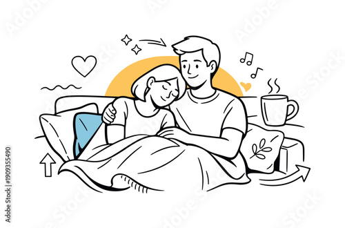 Cozy Couch Embrace. Quiet bonding moment. Person leaning gently against a loved one on a couch, soft pillows