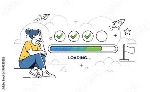 Progress Bar Animation. Task Progress. Character watching a progress bar smoothly filling up, checkmarks