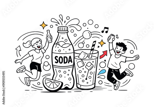 Effervescent Soda Delight. Sparkling soda concept. Bottle, glass, and bubbles arranged in a lively composition