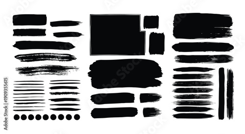 A collection of black brush strokes and geometric shapes on a white background.
