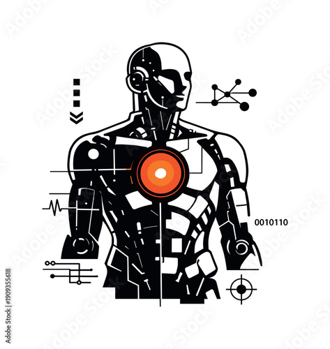 A black-and-white artificial human figure assembled from mechanical parts, smooth synthetic surfaces, and