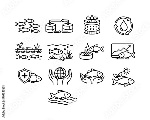 Sustainable aquaculture. Line outline icon set of Sustainable aquaculture: fish school, recirculating system,