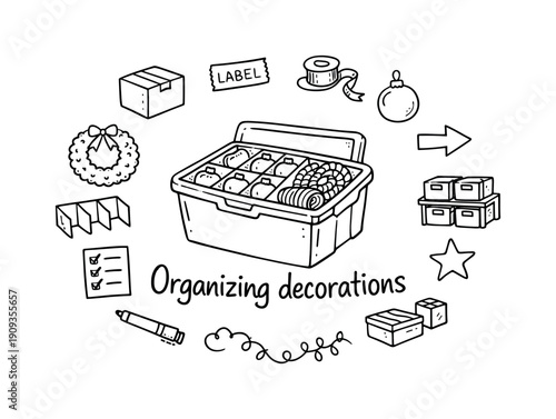Organizing decorations. Hand-drawn doodle illustration of Organizing decorations. In the middle, one slightly