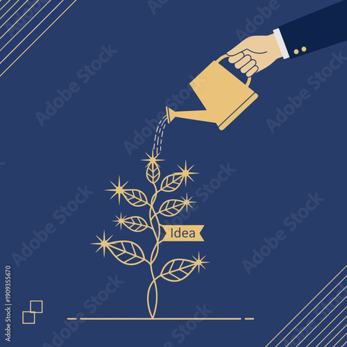 Hand watering a growing plant with an 'idea' tag, symbolizing the cultivation of creativity, business development, and successful innovation through nurturing efforts and strategic investment