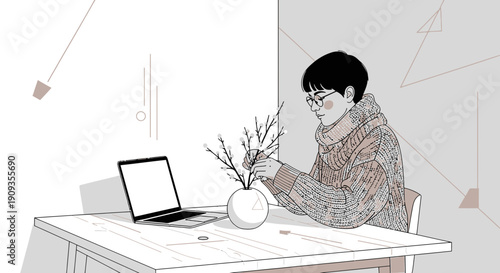 Person arranging branches in vase, laptop on table, minimalist illustration style