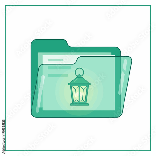Vibrant teal open file folder revealing a radiant lantern, symbolizing secure data storage, illuminated information, and finding valuable digital assets within an organized system