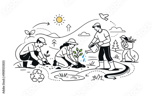 Reforestation and sustainable land management. People planting young trees in open land, smooth curves showing