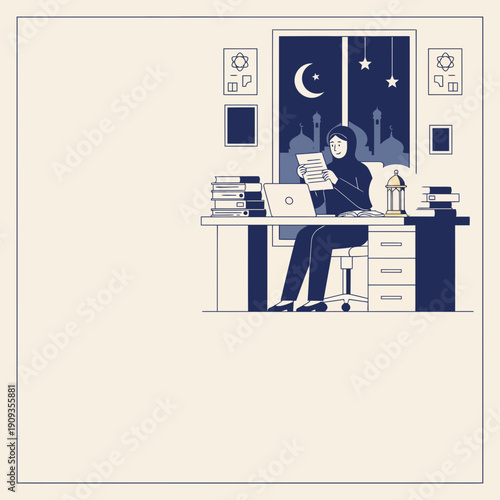 Evening Dedication Muslim Woman in Hijab Engaged in Focused Study and Work at Home, Surrounded by Books and Illuminated by the Peaceful Night Sky