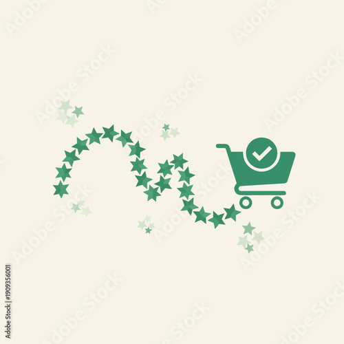 An online shopping cart icon with a checkmark inside, surrounded by a trail of green stars, symbolizing a successful purchase or a great shopping experience